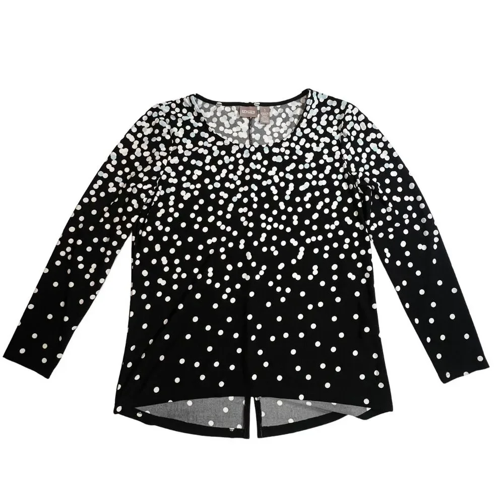 Chico Blouse Sz 1 Black Long Sleeve White Polkadots Preppy Casual Workwear Top - Picture 1 of 10